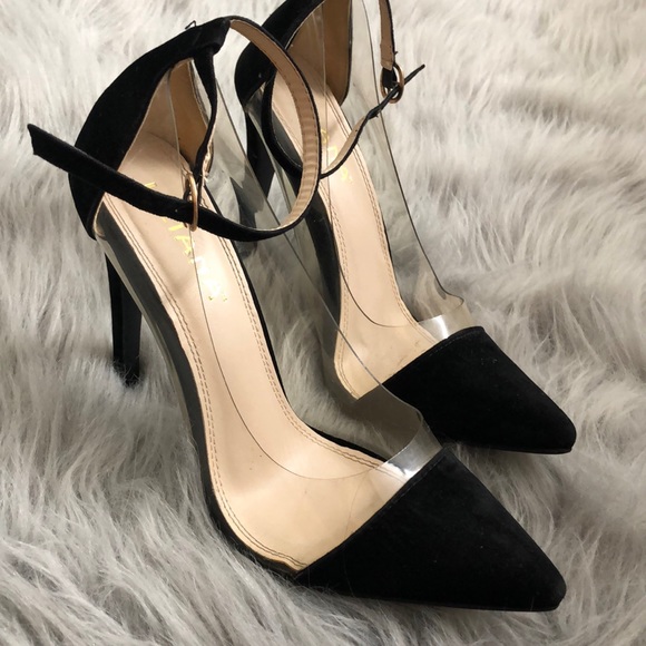 clear black pointy heels